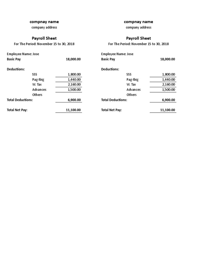 Compnay Name Compnay Name Payroll Sheet Payroll Sheet: Basic Pay 18,000 ...