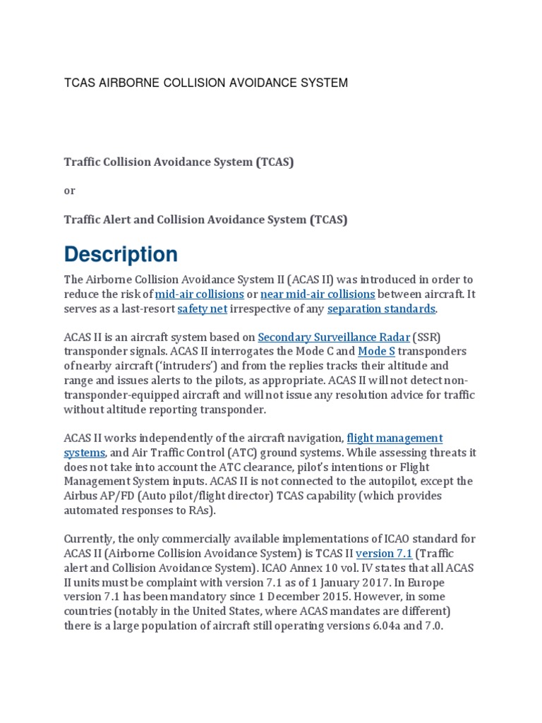 Tcas Airborne Collision Avoidance System Pdf Air Traffic Control