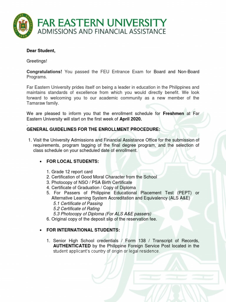 Dear Student, Congratulations! You Passed The FEU Entrance Exam For