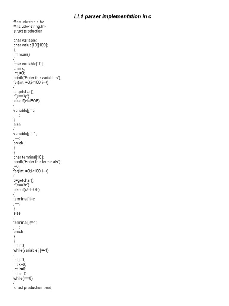 LL1 Parser Implementation in C | PDF | Models Of Computation | Computer ...