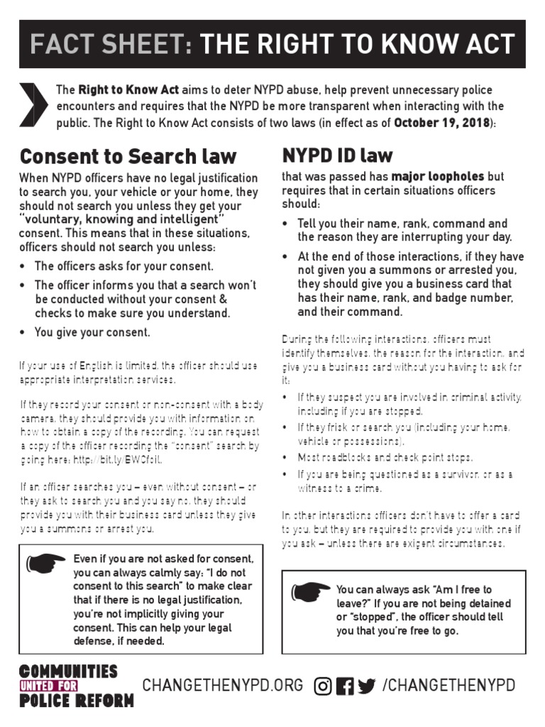 NYC Right To Know Act Fact Sheet PDF New York City Police