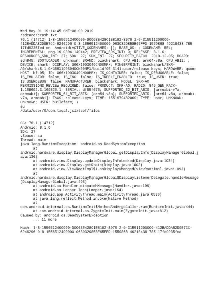 Android 8.1.0 DeadSystemException Log | PDF