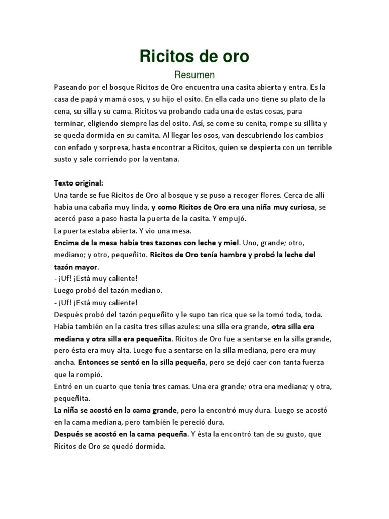 Resumen de Ricitos de Oro Ricitos de oro y los tres osos