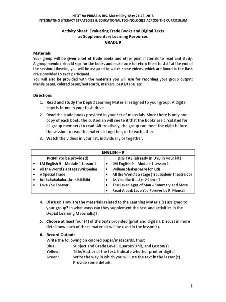 Activity Sheet Grade 9 English PDF Learning Communication