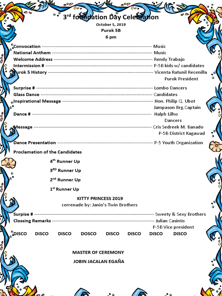 3rd Foundation Day Celebration Agenda | PDF | Sports & Recreation ...