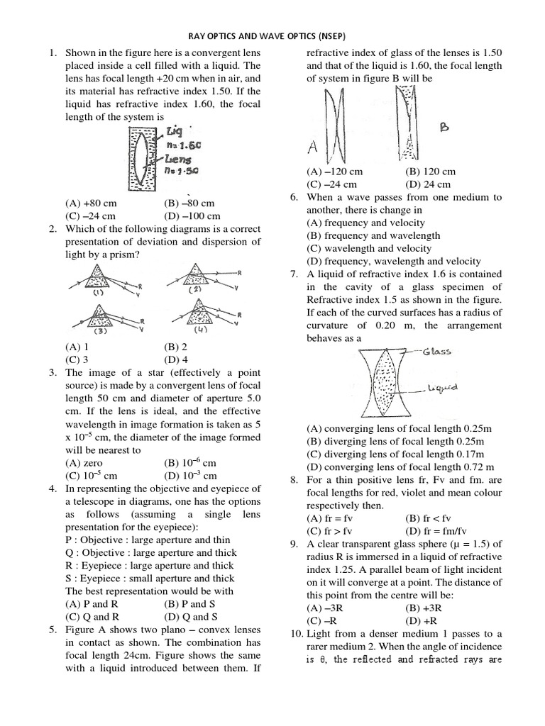 NSEP Ray Optics Exam Questions | PDF | Lens (Optics) | Optics