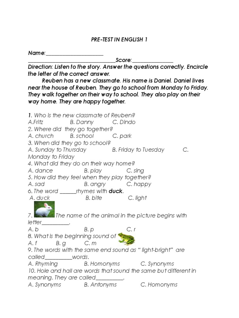 Grade 1 English Pre-Test Questions | PDF | Language Arts & Discipline