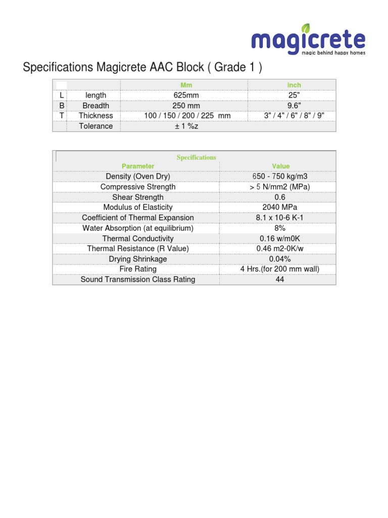 Magicrete AAC Block Grade 1 Specifications | PDF | Home & Garden ...