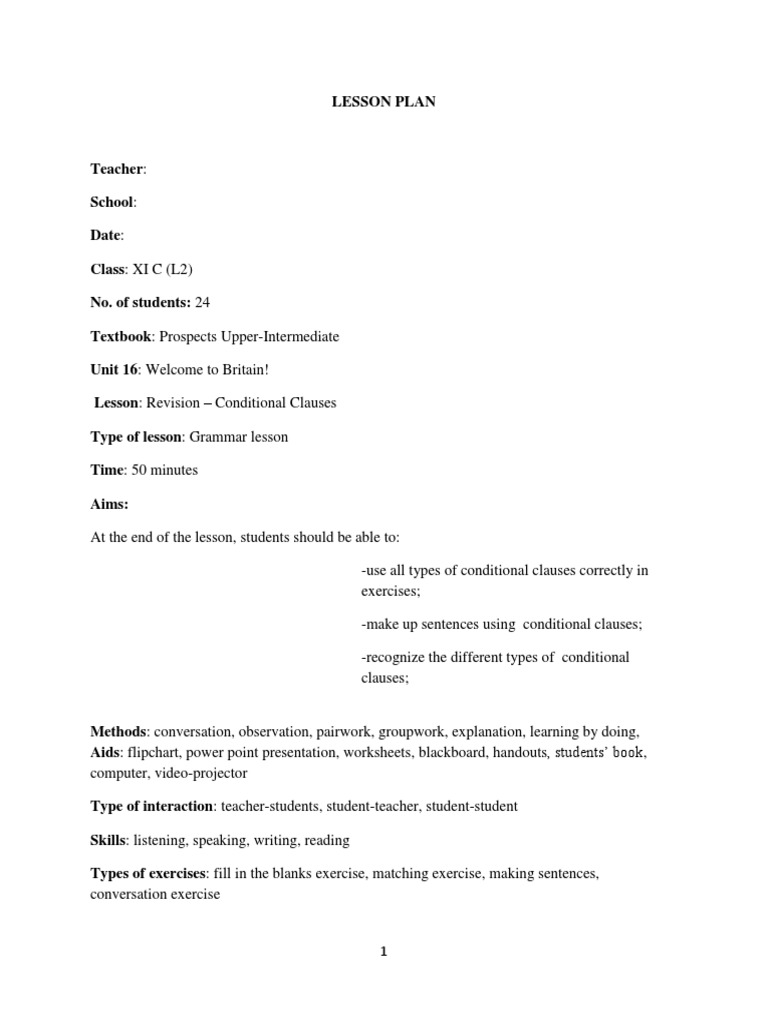 Conditional Clauses Lesson Plan | PDF | Sentence (Linguistics ...
