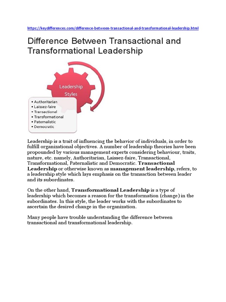 Transactional Vs Transformational Leadership | PDF | Transformational ...