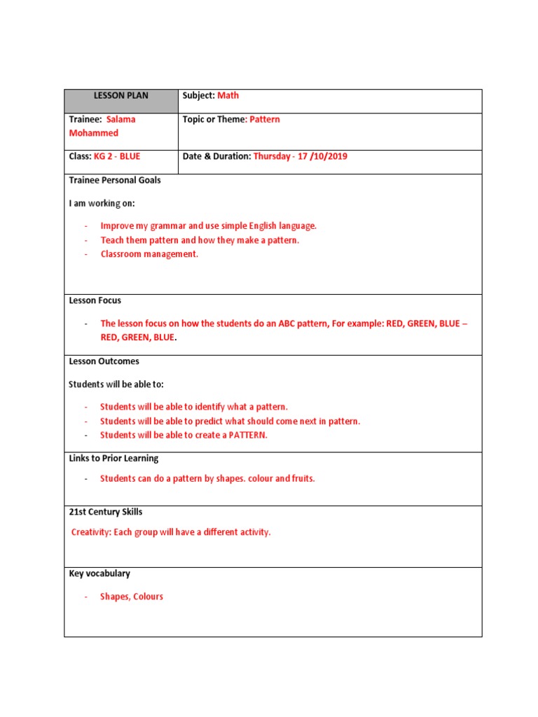 Lesson Plan - 1 Pattern | PDF | Lesson Plan | Educational Psychology