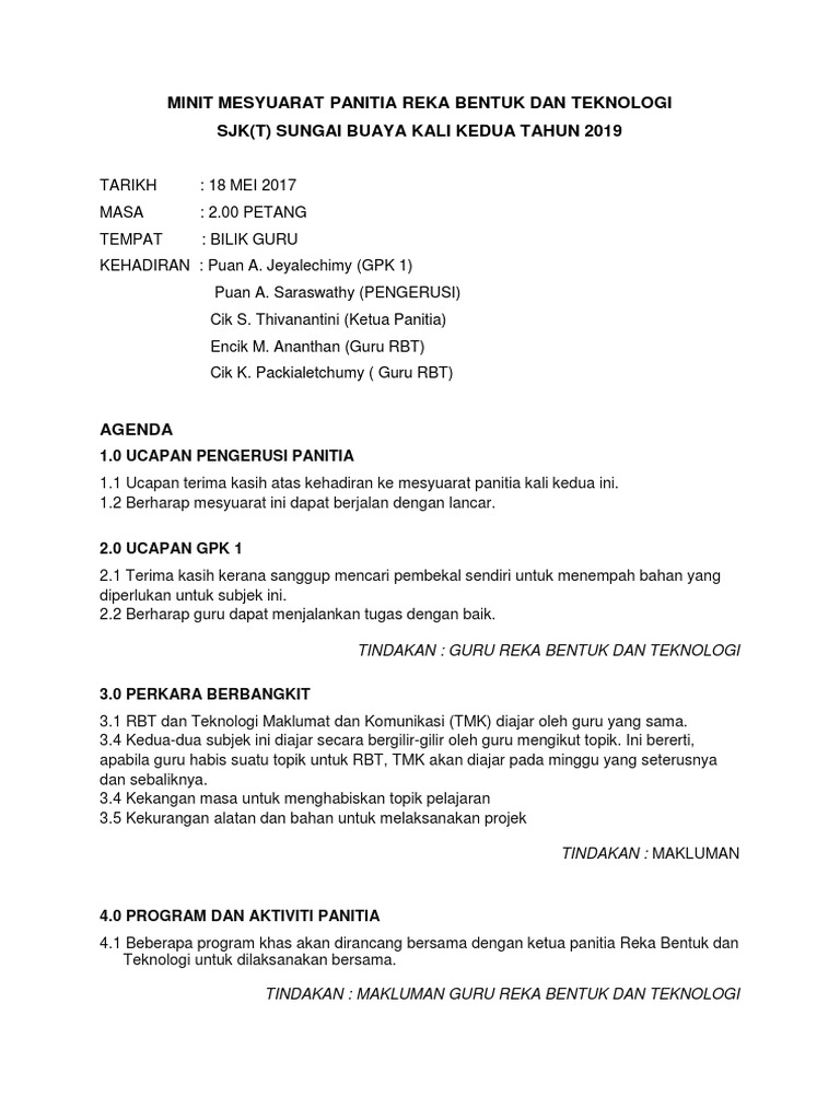 Mesyuarat Panitia RBT SJK(T) 2019 | PDF