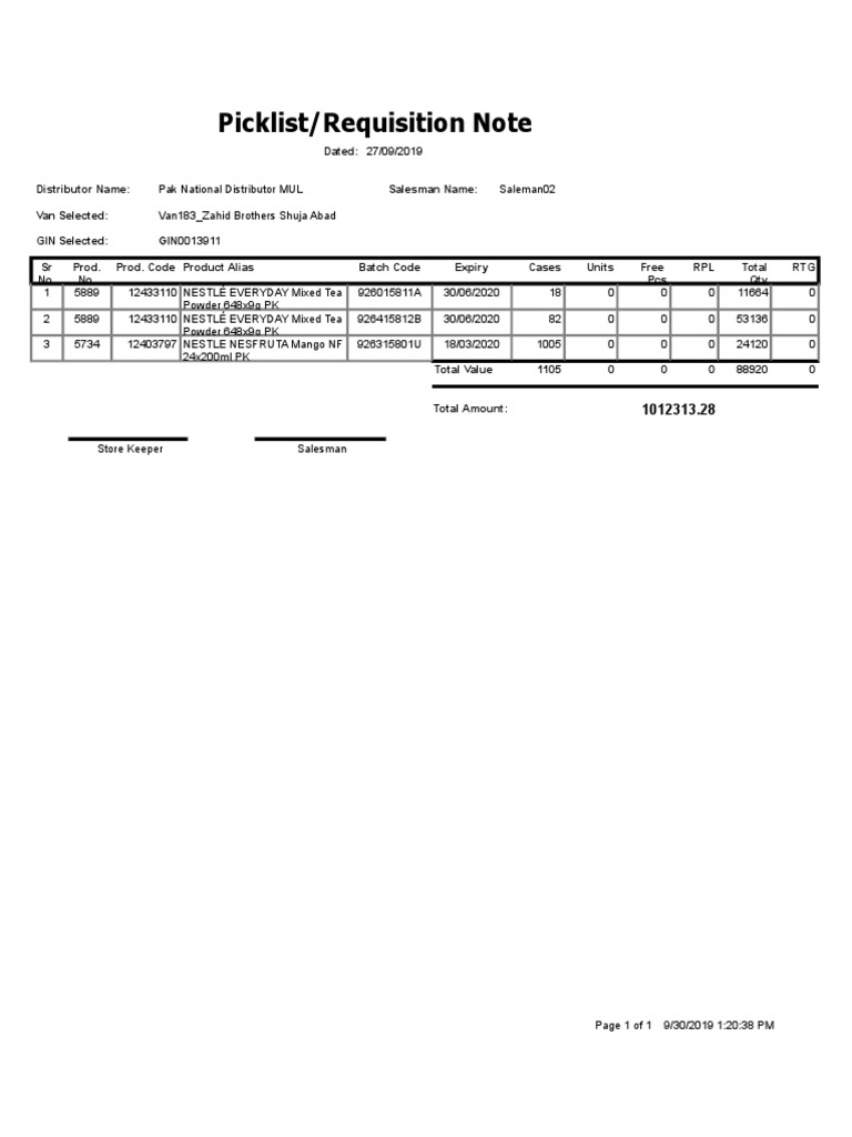 Picklist/Requisition Note: Dated: 27/09/2019 | PDF