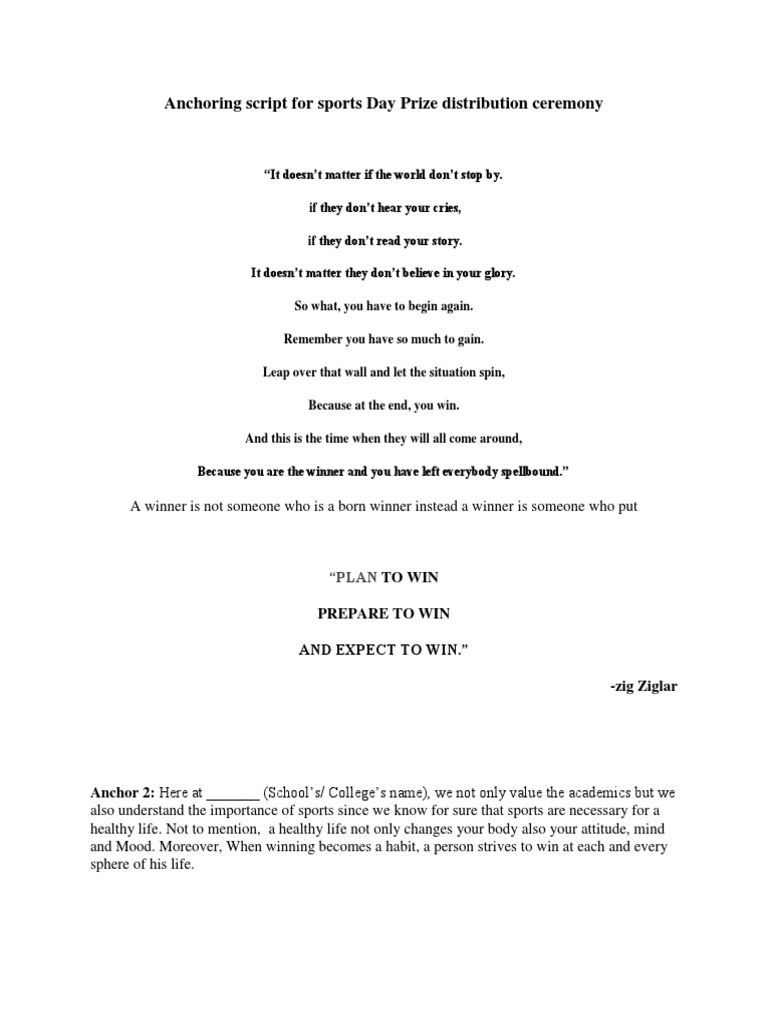 Anchoring Script for Sports Day Prize Distribution Ceremony