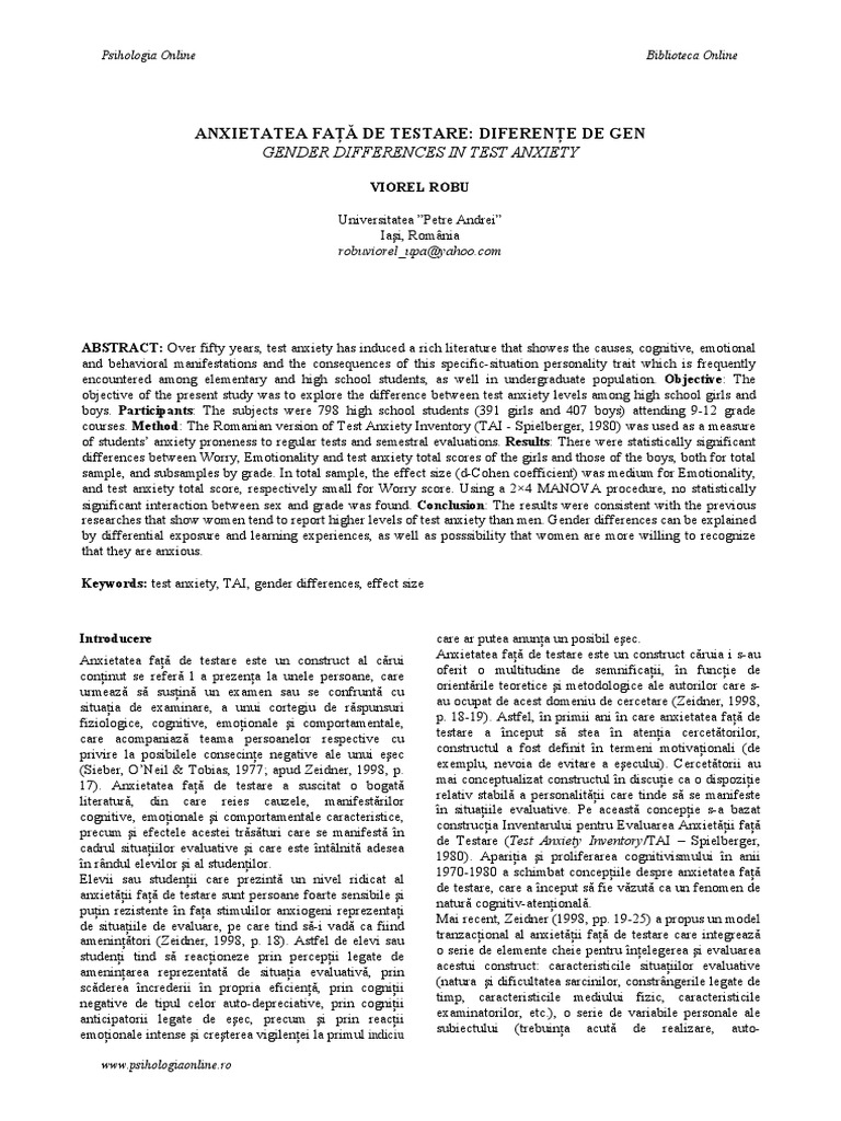 Gender Differences in Test Anxiety | PDF | Anxiety | Emotions
