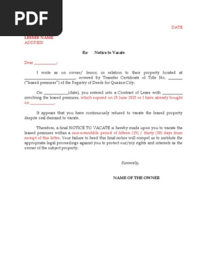 Notice to Vacate
