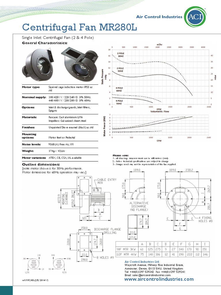 MR280L Centrifugal Fan Specifications | PDF