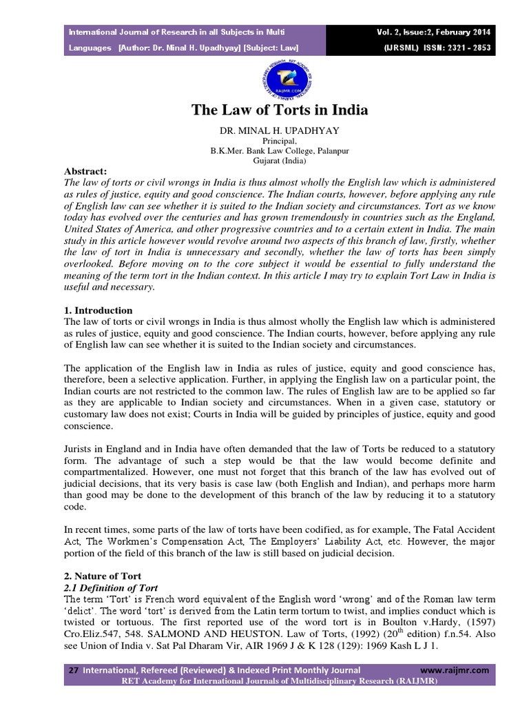 The Law of Torts in India | PDF | Tort | Damages
