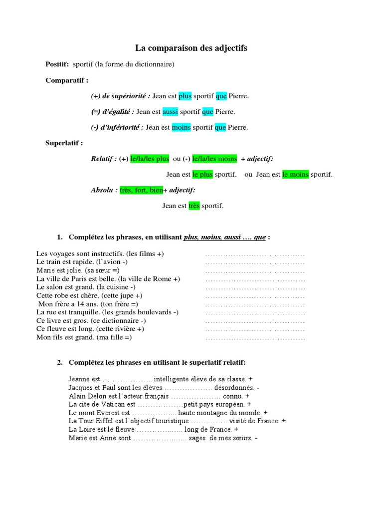 La Comparaison Des Adjectifs - 7 - Fiche Voc - Fiche de Travail | PDF ...