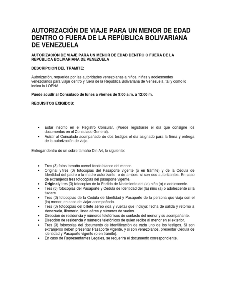 Autorización de Viaje para Un Menor de Edad Dentro o Fuera de La República  Bolivariana de Venezuela | PDF | Gobierno y personalidad | Gobierno