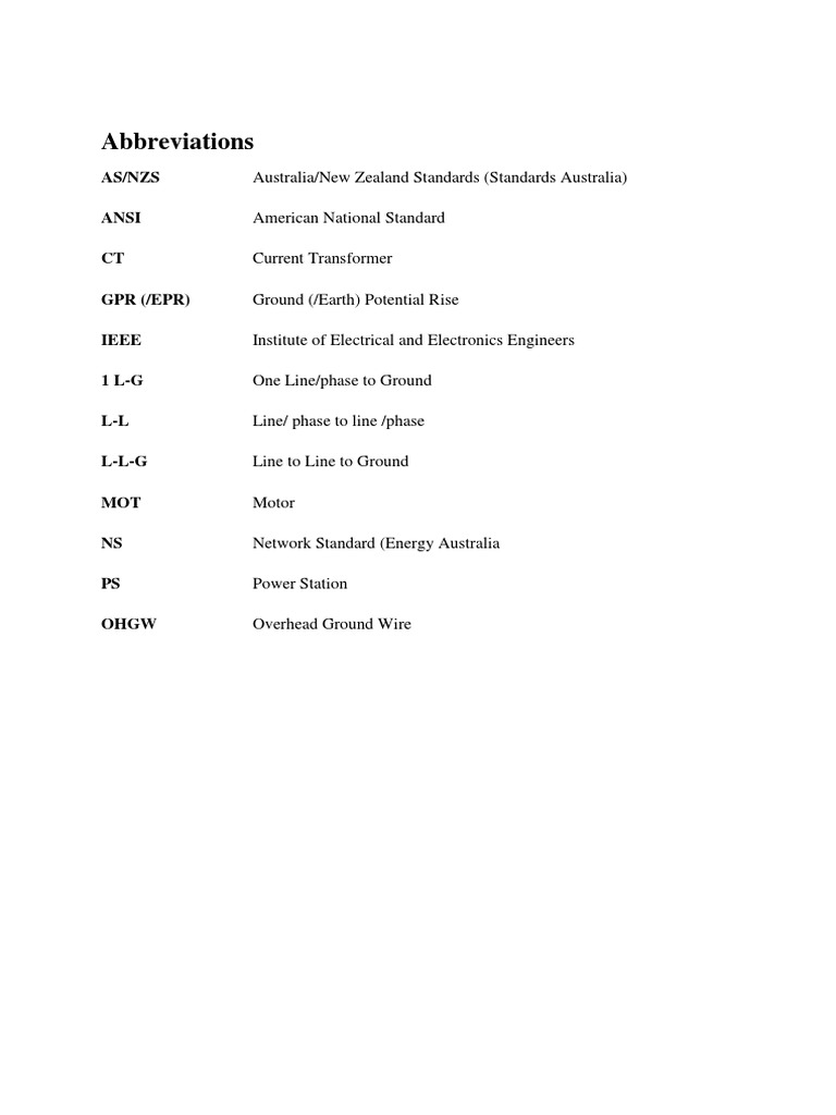Abbreviations As/Nzs Ansi CT GPR (/epr) Ieee 1 LG LL LLG MOT NS PS