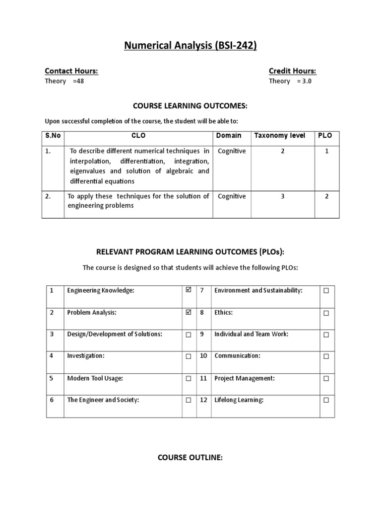 Numerical Analysis Course Outline OBE Based PDF Numerical Analysis