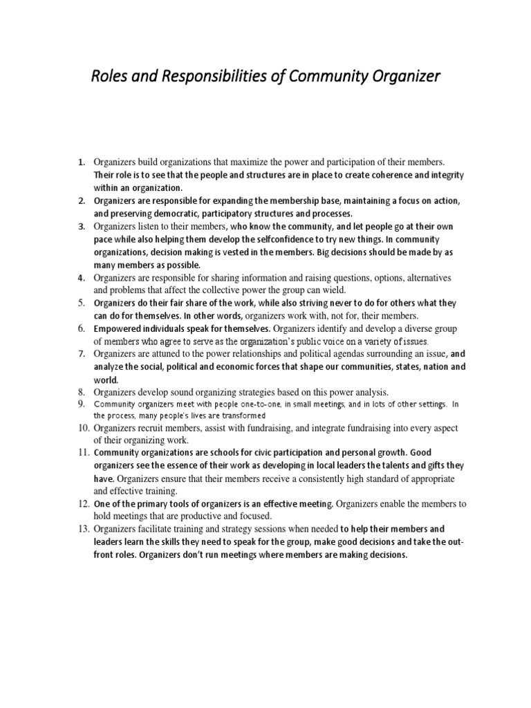 Roles and Responsibilities of Community Organizer PDF Community