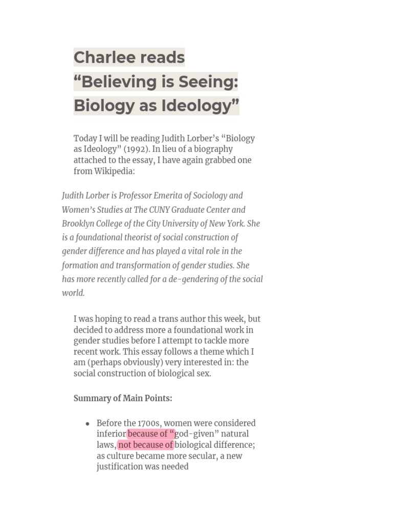 Biology As Ideology PDF Gender Gender Studies