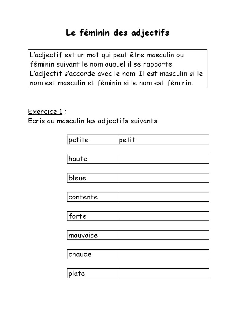 Exercices Masculin Féminin Ce1 Pdf Ortho Feminin Des Adjectifs | PDF