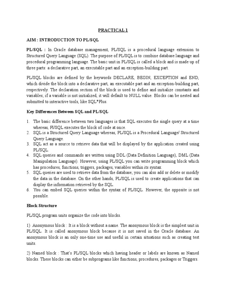Practical 1 Aim: Introduction To PL/SQL PL/SQL: in Oracle Database ...