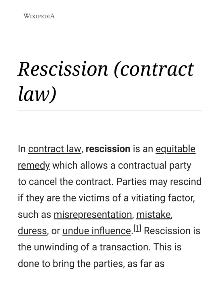Rescission (Contract Law) Wikipedia Law Of Obligations Civil Law