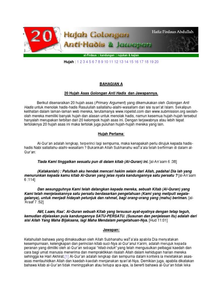 Hujah Anti Hadis Dan Jawabannya1 Pdf