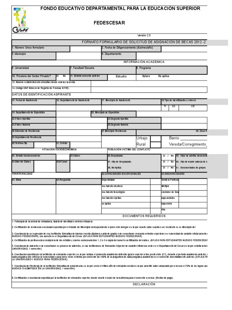 Formulario Fedescesar - 2013 Listo - Excel (1) - 1 | PDF | Educación ...