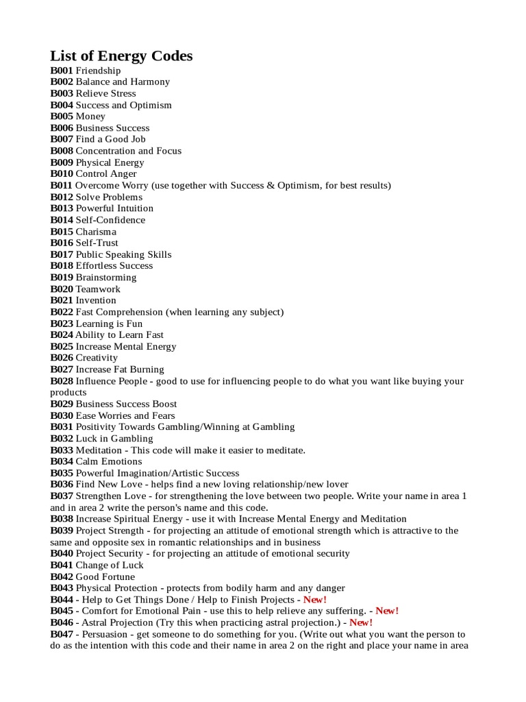 List of Energy Codes PDF Mood (Psychology) Mental Health