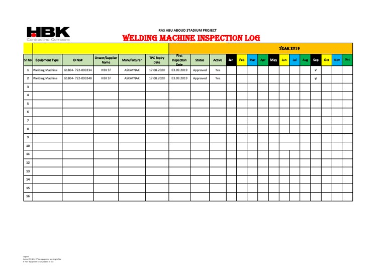 Welding Machine Inspection Log: Ras Abu Aboud Stadium Project | PDF