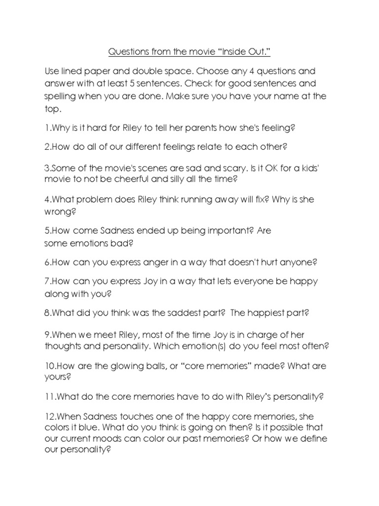 Inside Out Movie Questions  PDF In The Core Movie Worksheet Answers