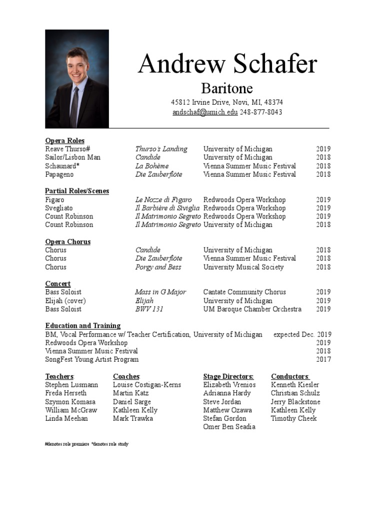 Andrew Schafer: Baritone Resume | PDF | Opera | Compositions