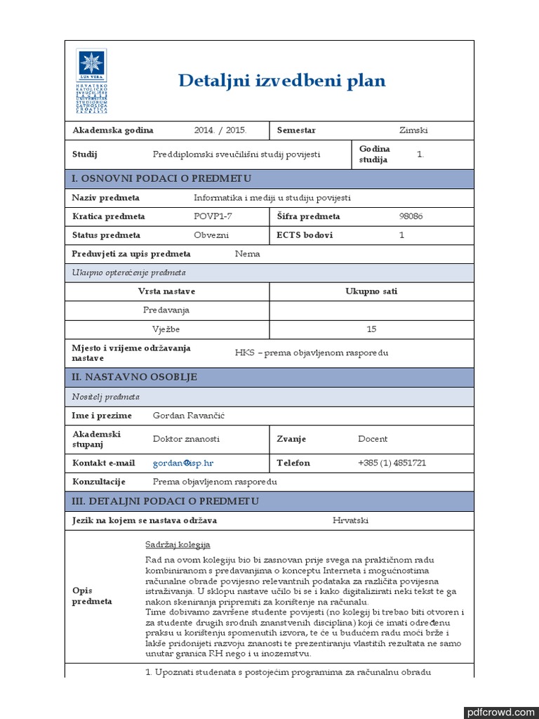 Detaljni Izvedbeni Plan: I. Osnovni Podaci O Predmetu | PDF