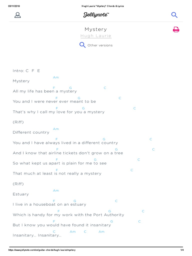 Hugh Laurie Mystery Chords Lyrics Recorded Music Rock Music