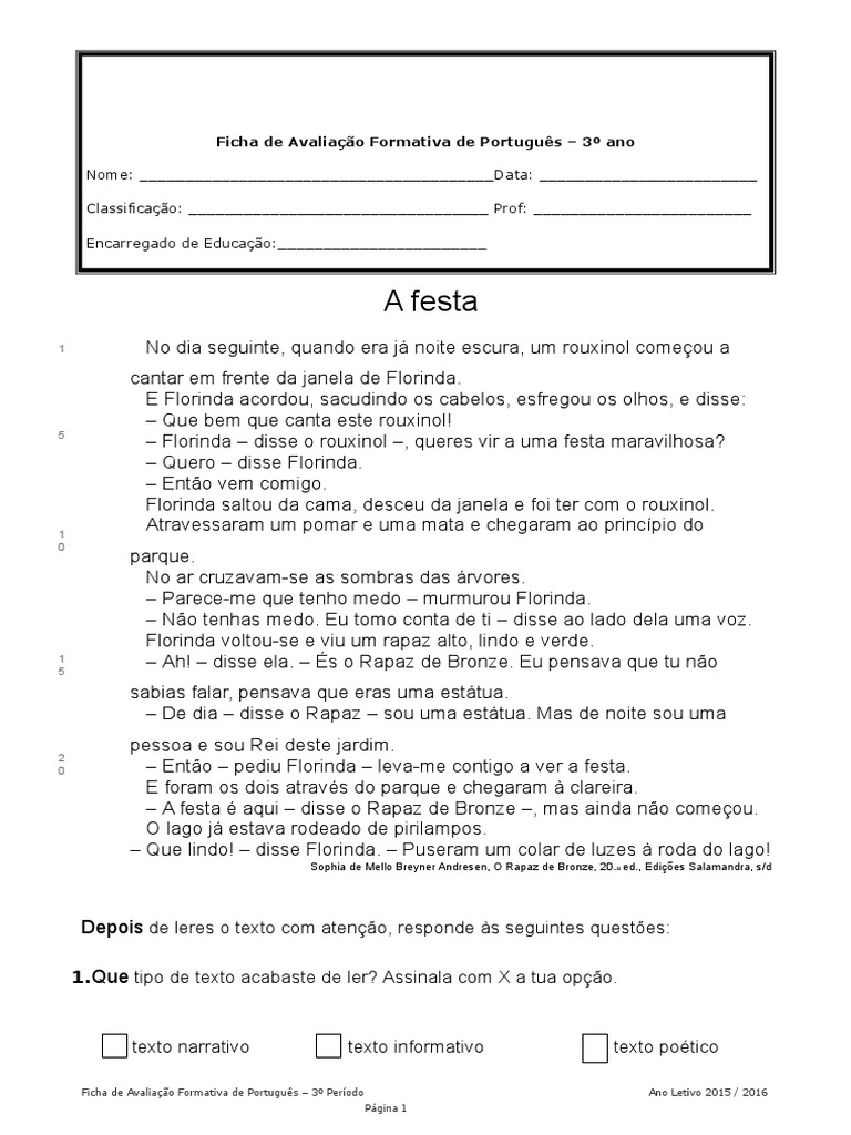 Ficha de Avaliação de Português - 3º Ano | PDF