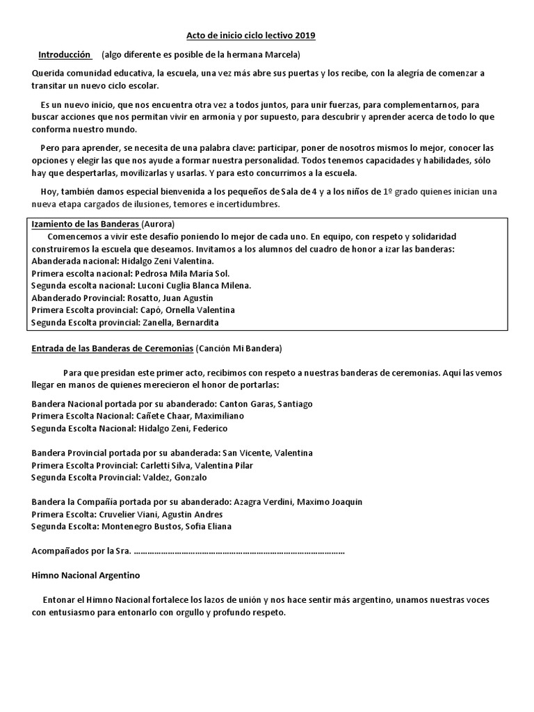 Acto Inicio de Clases Escolar Primaria | PDF | Maestros | Educación ...