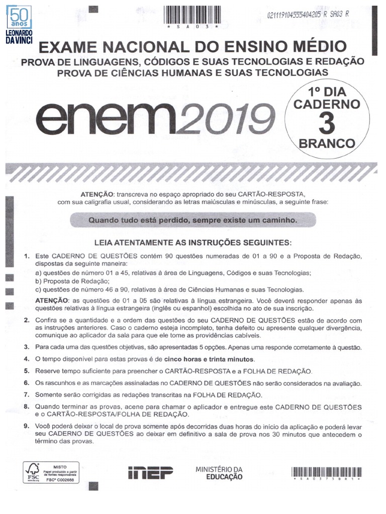 Gabarito Da Prova Do Enem 1° Dia 2019 | PDF