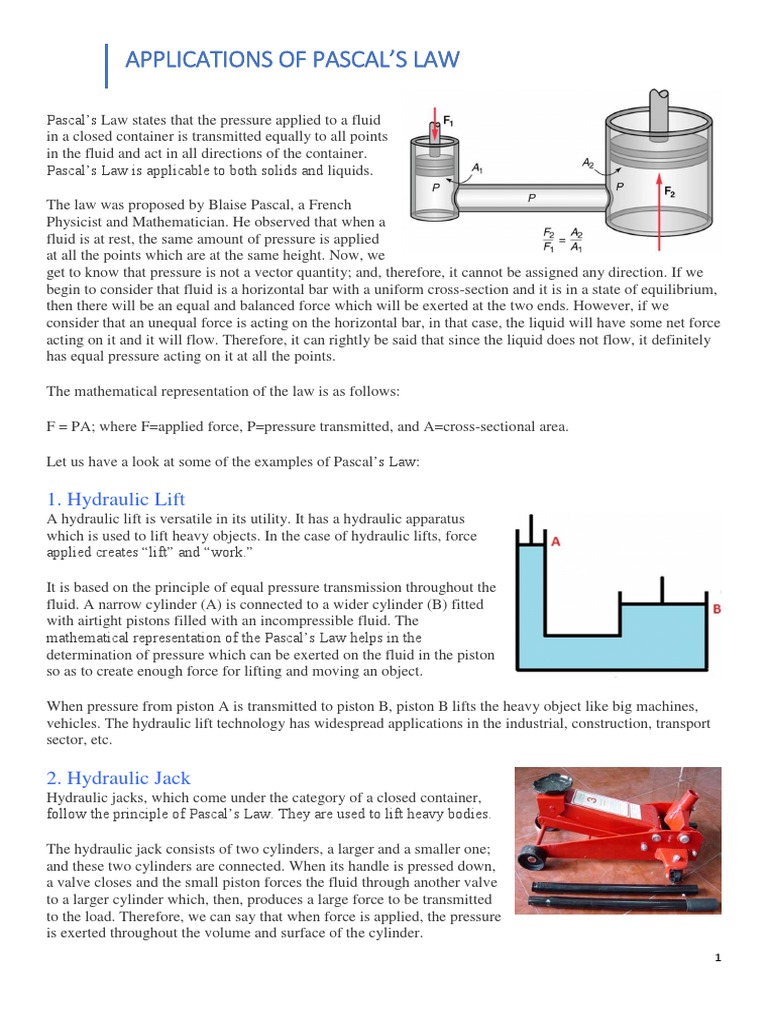 Applications of Pascal's Law Explained | PDF | Brake | Pressure