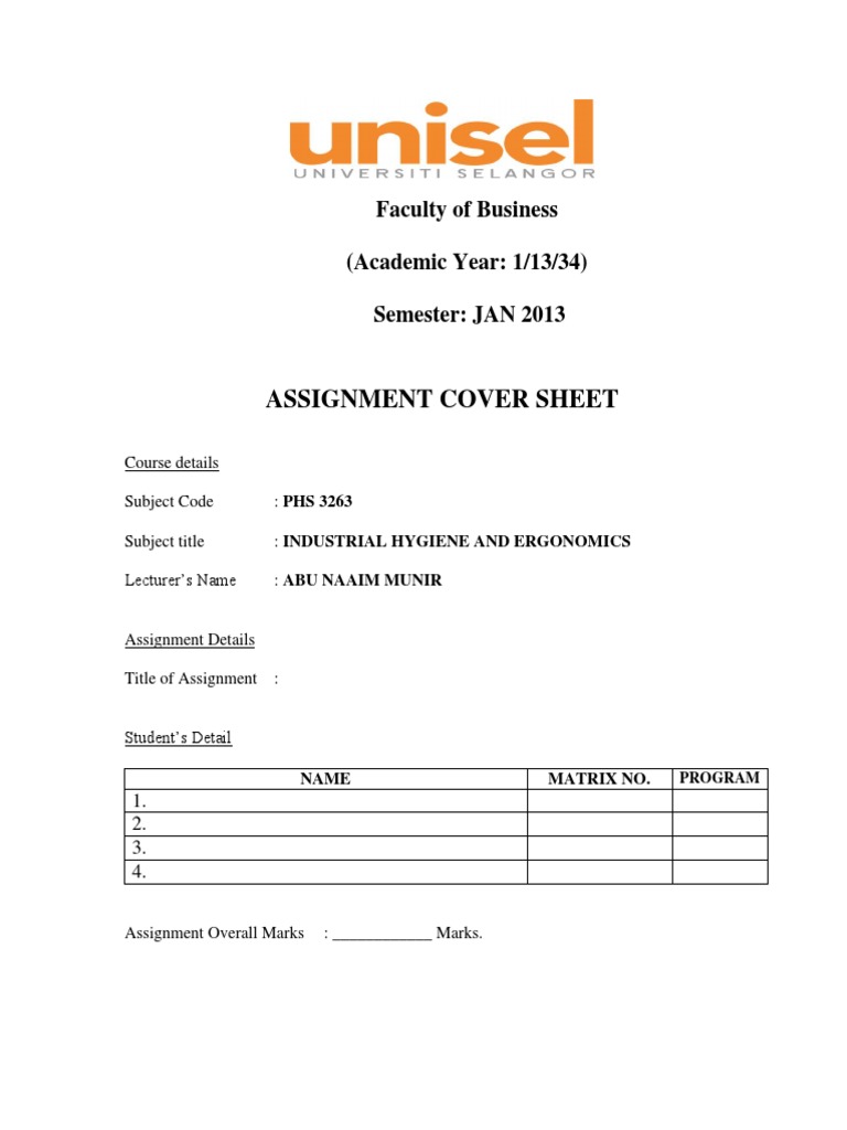 Assignment Cover Sheet: Faculty of Business (Academic Year: 1/13/34 ...