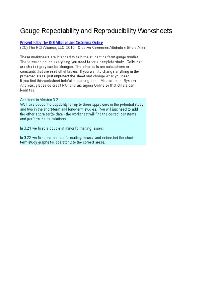Gauge Repeatability and Reproducibility Worksheets: Presented by The ...