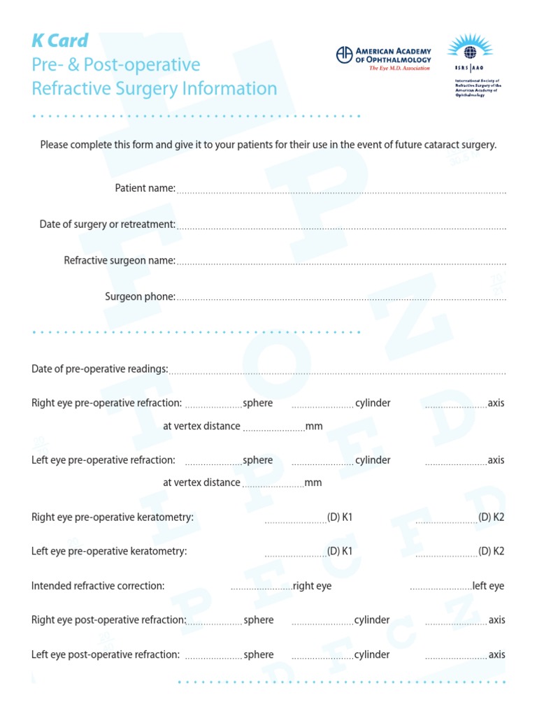 Pre-& Post-Operative Refractive Surgery Information: K Card | PDF