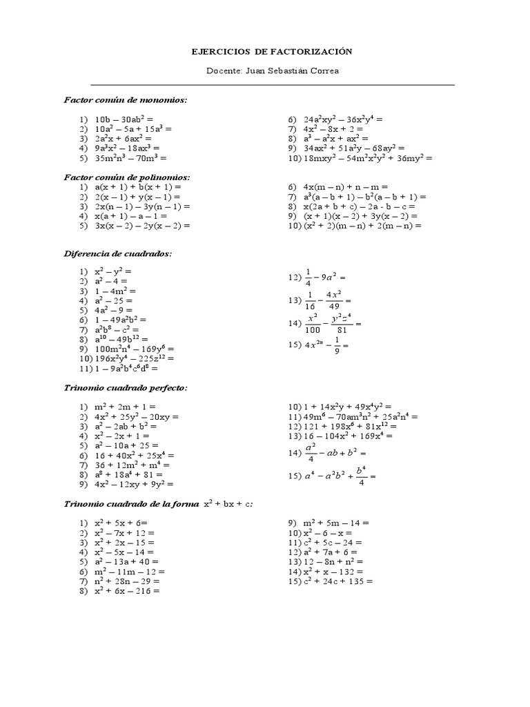 Ejercicios Propuestos De Factorizacion Pdf Factorizacion Algebra