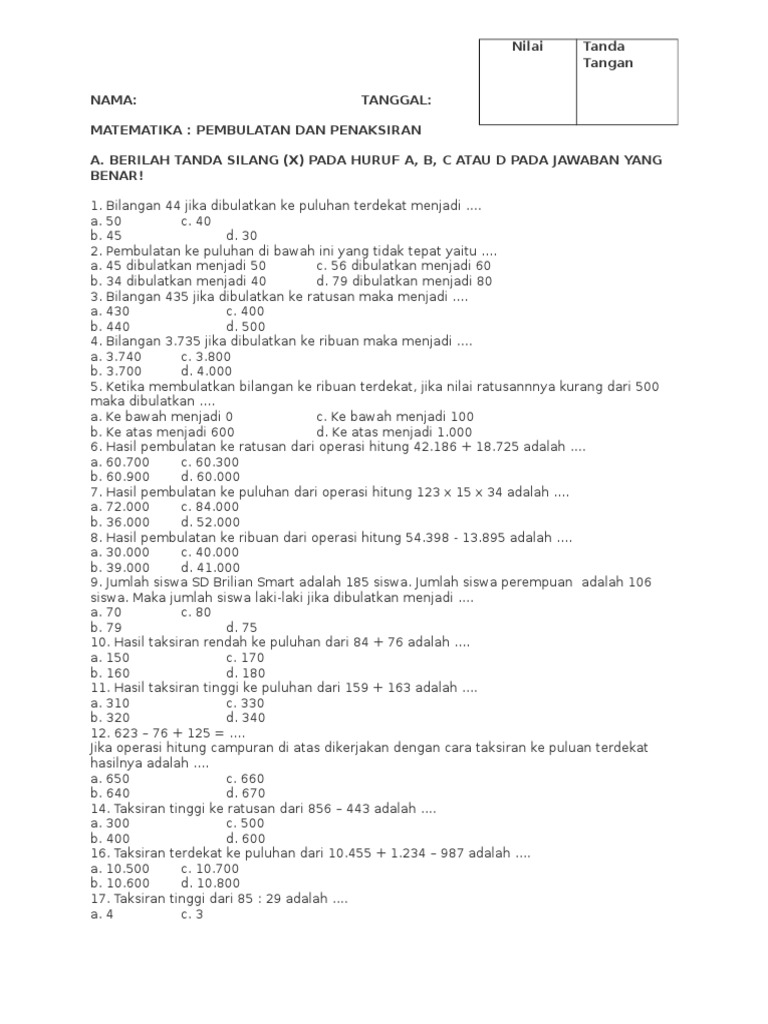 Soal Matematika Kelas 4 Pembulatan Dan Penaksiran
