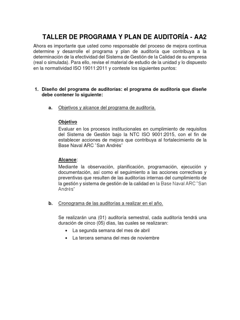 Taller de Programa y Plan de Auditoría - Aa2 | Descargar gratis PDF ...