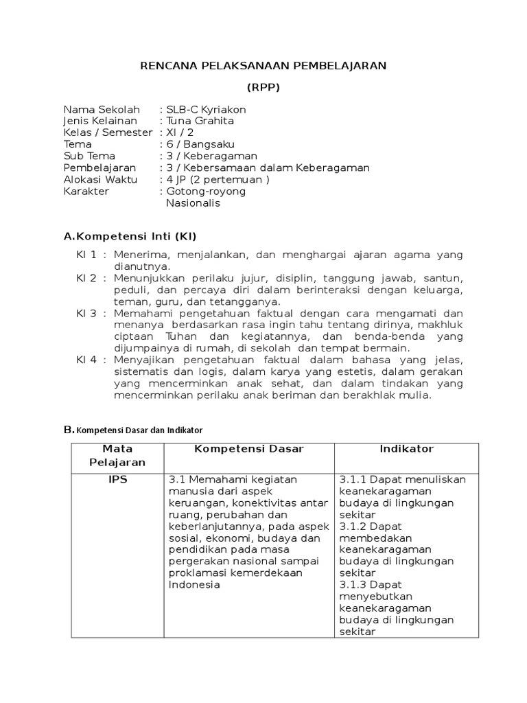 Rencana Pelaksanaan Pembelajaran (RPP): Kompetensi Dasar dan Indikator